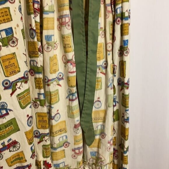 Vintage Handmade Apron Dress Quirky Antique Cars  Signs Print Green Trim Mid-Cal - Picture 6 of 10
